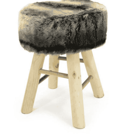 Sitzhocker Kunstfell Grau Schwarz – Moderner Hocker mit Holzgestell